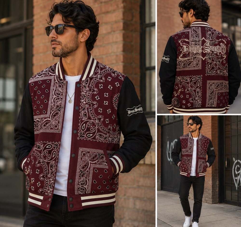 Dogg Supply Men’s M Burgundy Bandana Paisley Varsity Jacket Snap Front Unisex